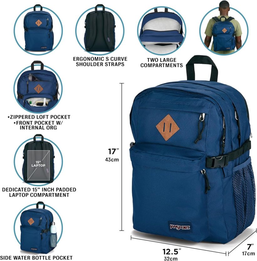 JanSport Main Campus Backpack - Travel or Work backpack w 15-Inch Laptop Sleeve and Dual Water Bottle Pockets, Navy - Image 7